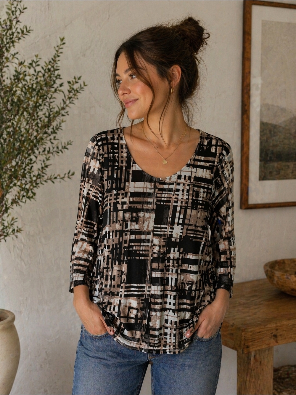 Kim Rogers Black and Taupe Abstract Plaid Scoop Neck Long Sleeve Top